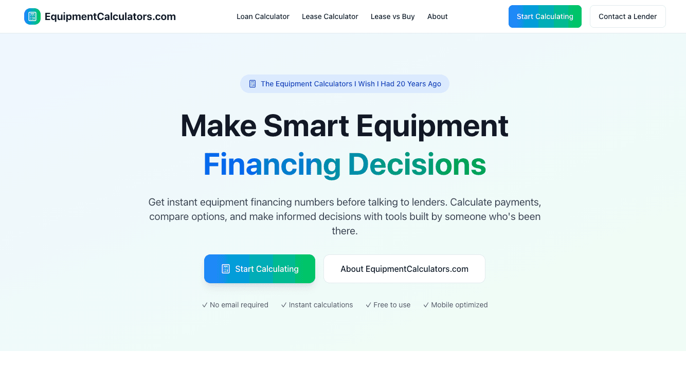 EquipmentCalculators.com - Professional equipment financing and lease vs buy calculators
